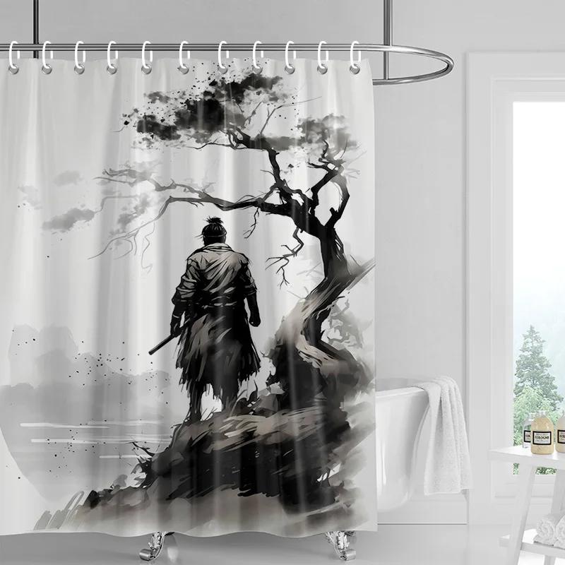 Japanese-style Gogi Retro Character Printed Shower Curtain Fading-resistant Bathroom Partition Curtain for Hotel Home Decoration