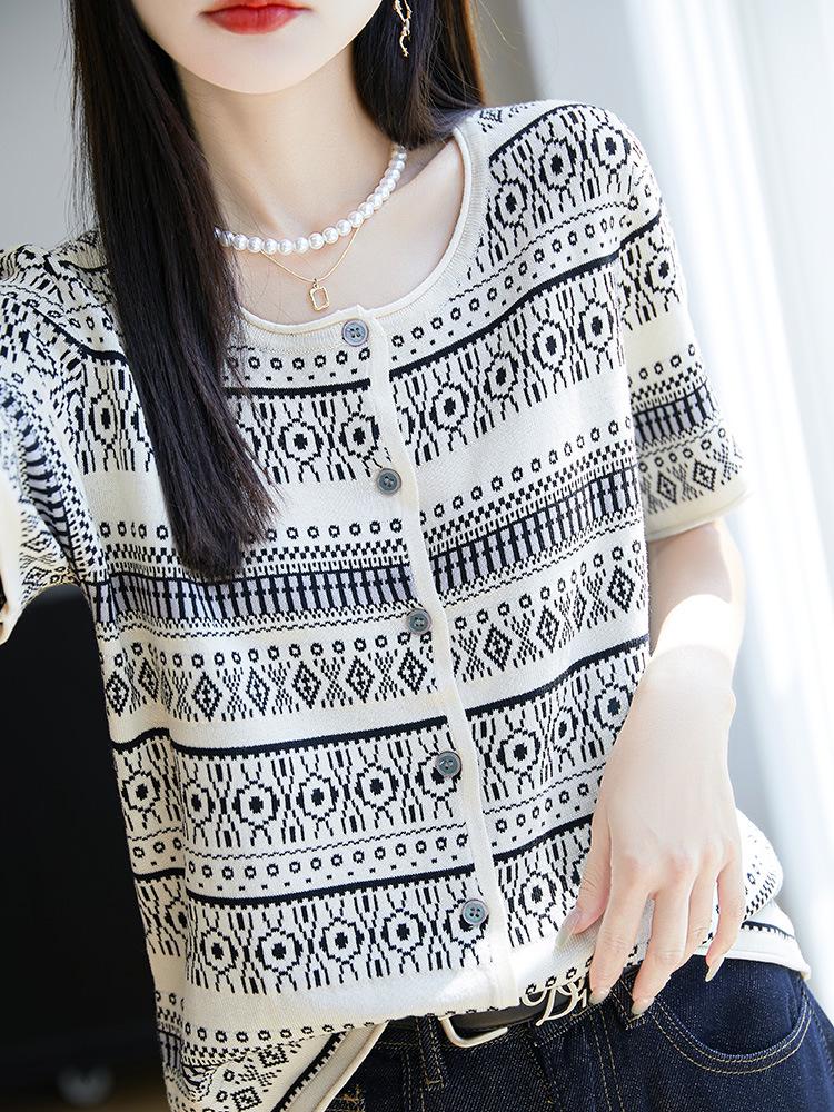 Women's Bamboo Linen Fair Isle Stripe Knit Round Neck Short Sleeve Loose Top
