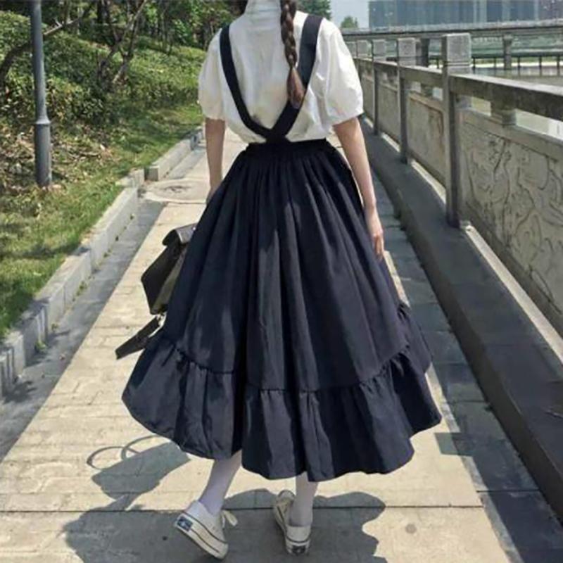 WTEMPO Girl's Sweet Preppy Style Strap Long Skirts Ruffles Loose Cute Student Casual Skirts Female Suspender Skirts