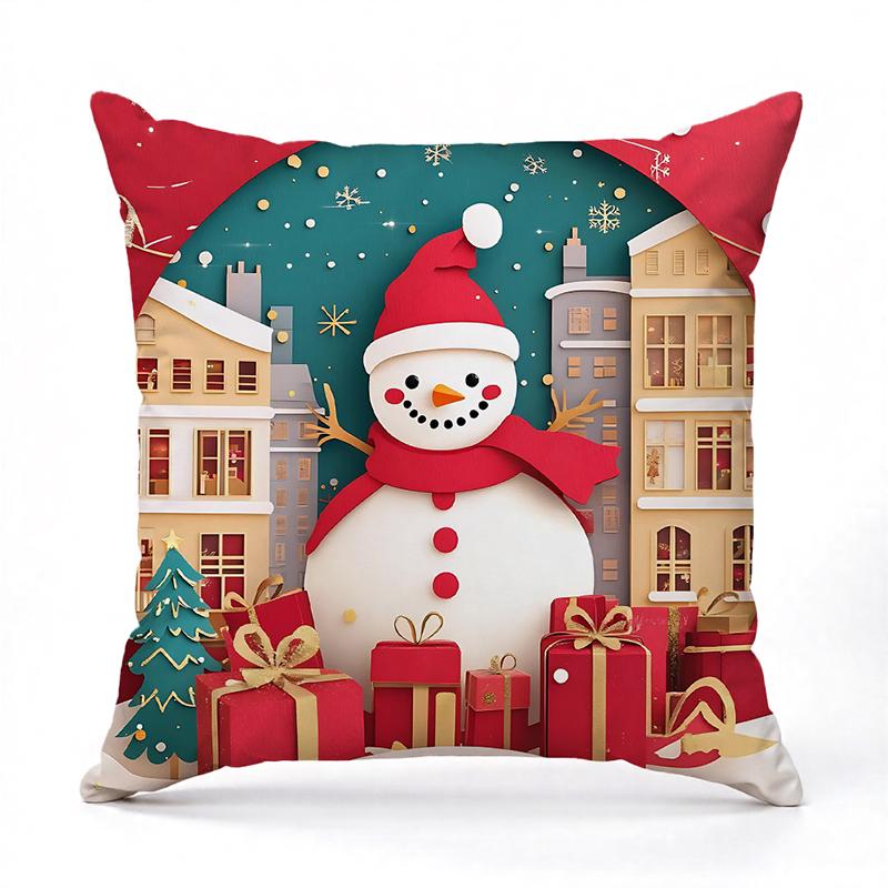 Christmas Decorative Pillows Reindeer Snowman Pattern Square Polyester Pillowcase, Modern Sofa Decorative Cushion Cover