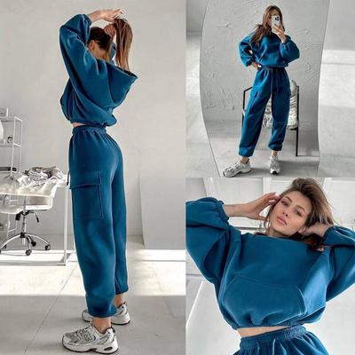 Women Solid Color Long Sleeve Hoodies O Neck Sweater Suit Autumn Winter Loose Top Wide Leg Pants