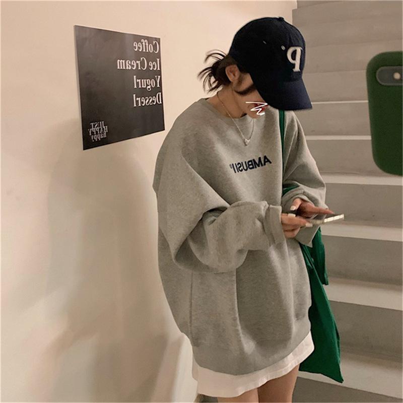 Women's Letter Printed Thick O-neck Sweatshirt Student Loose Oversize Long Sleeve Autumn Winter Warm Pullover Hoodie