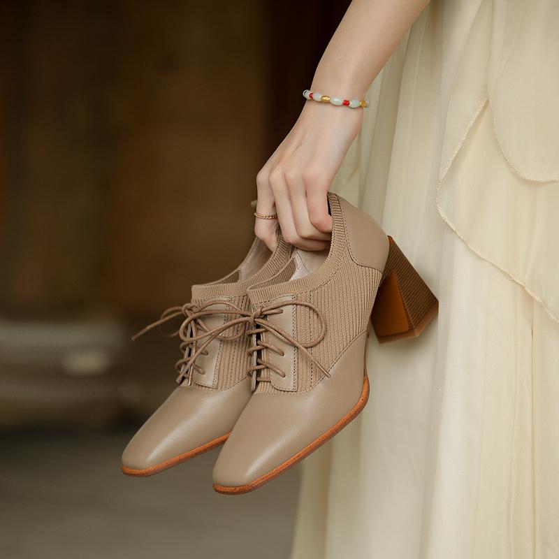 Fashion Comfortable Genuine Leather Women's Ankle Boots Elegant Square Toe Thick Heels Pumps Party Lace-up Shoes Woman 2024 New