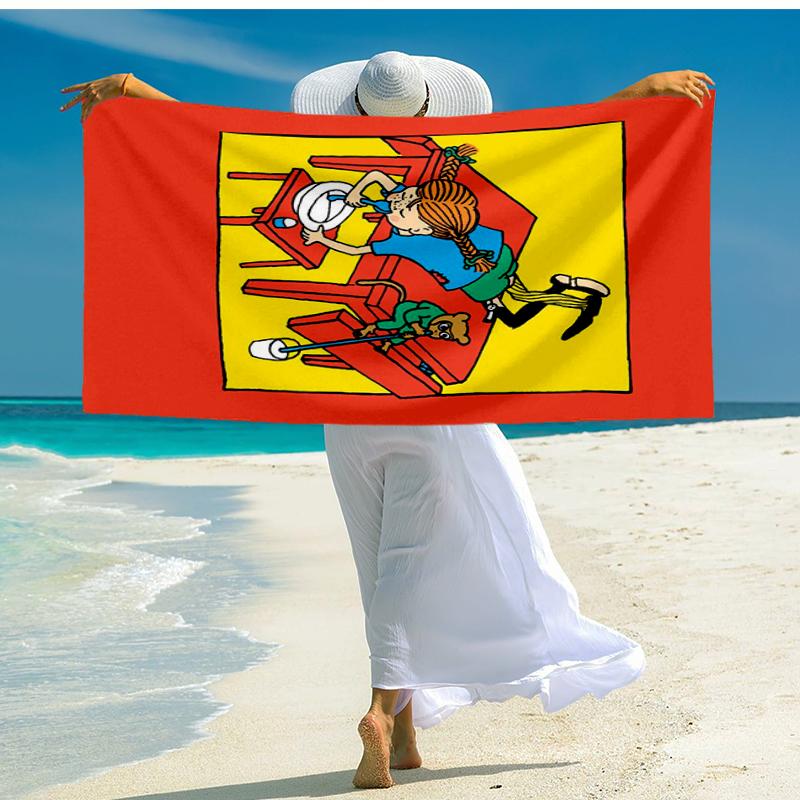 Ultrazachte Strandhanddoek met Pippi Langkous Thema, Ideaal voor Zwembad - Kamperen, Duiken - Perfecte Reis Essentieel, Levendige Strandhanddoek.