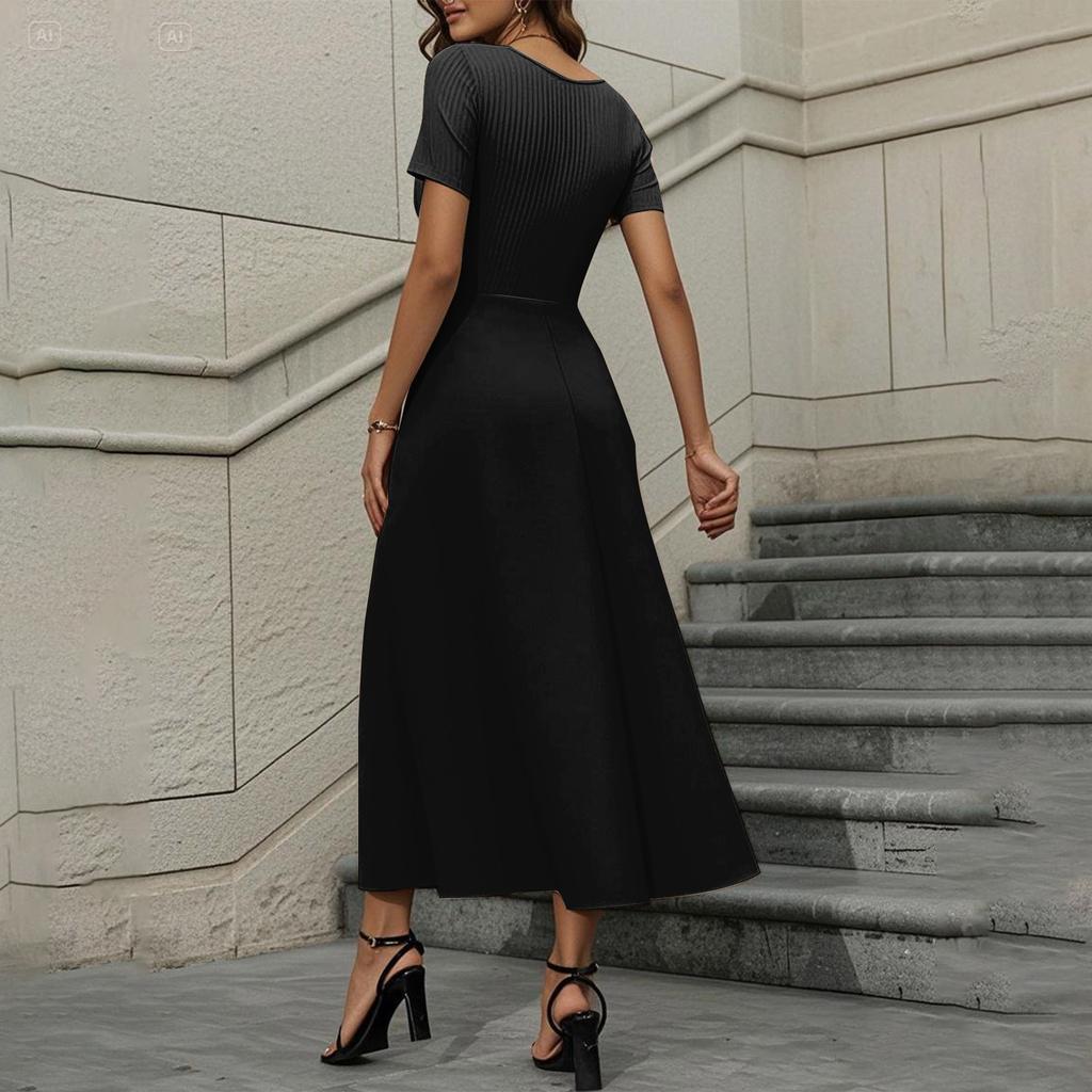 Women's Fashion Casual Short Sleeve Round Neck Splicing Elegant Temperament Dress