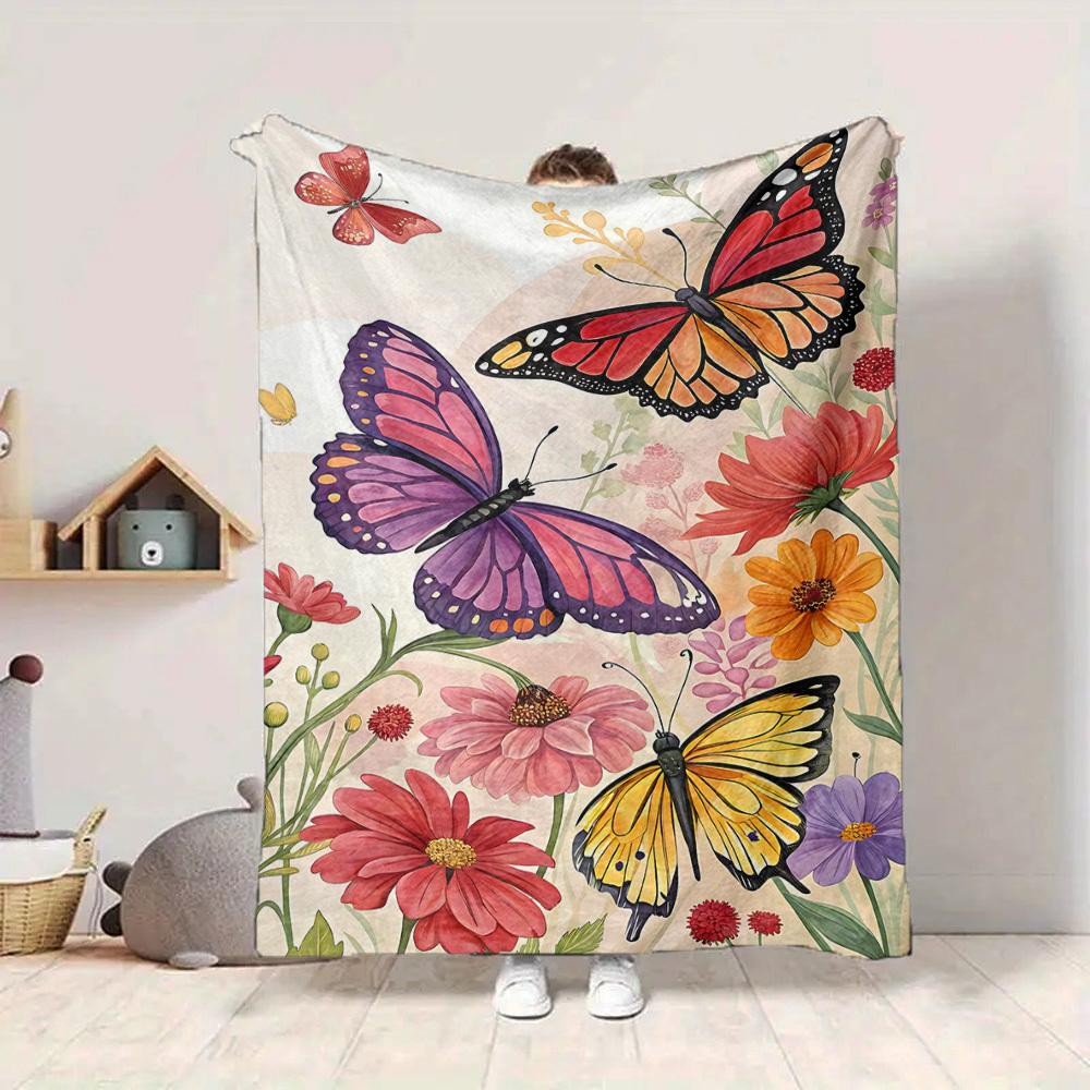 1pc Butterflies Flowers Lightweight Flannel Blanket, Comfortable and Warm Blanket, for Office and Camping Sofa Bed, Livingroom142