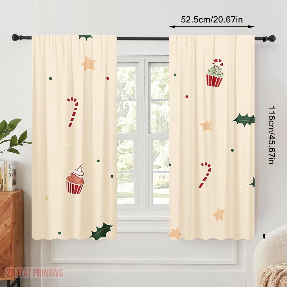 2 Stück, 2D-Flachdruck Vorhänge Digital bedruckt Weihnachten Süßigkeiten Sterne Cupcakes (2) Polyester gewebt (ohne Stange) Festliches Ideal