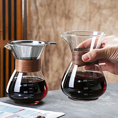 Manual Pour Over Coffee Maker with Wood Sleeve Glass Coffee Pots with Double-layer Stainless Steel Filter Easy Clean Home Use