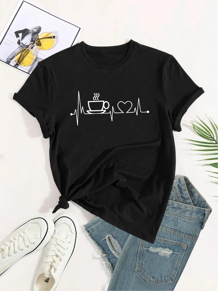 Coffee Print Crew Neck T-shirt, Casual Loose Short Sleeve Fashion Summer T-Shirts Tops, Women's Clothing