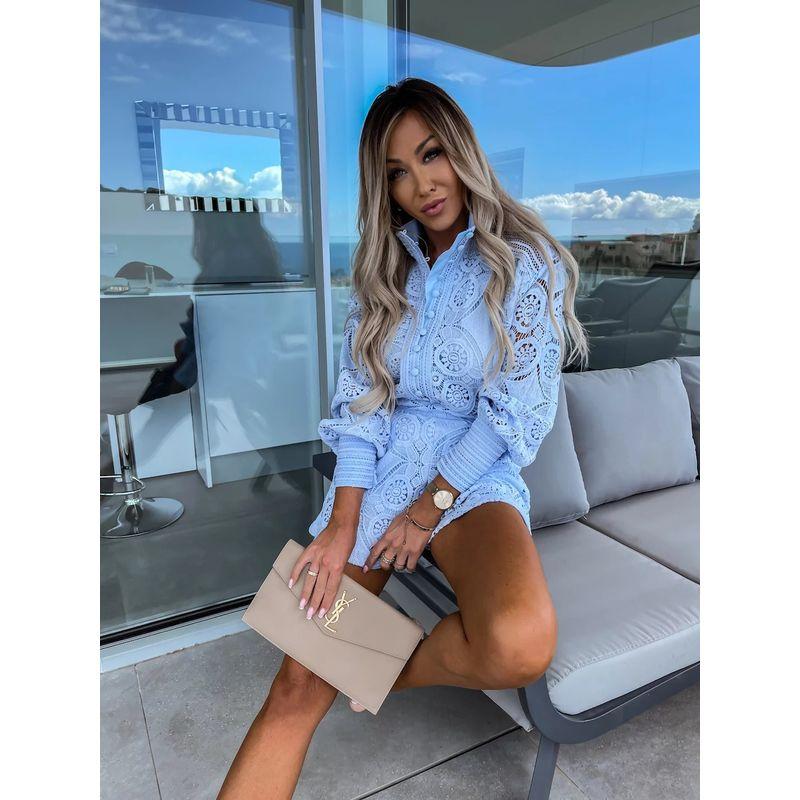 Fashion Single Breasted Stand Collar Lace Shorts Suit Casual Hollowed Out Two-Piece Set