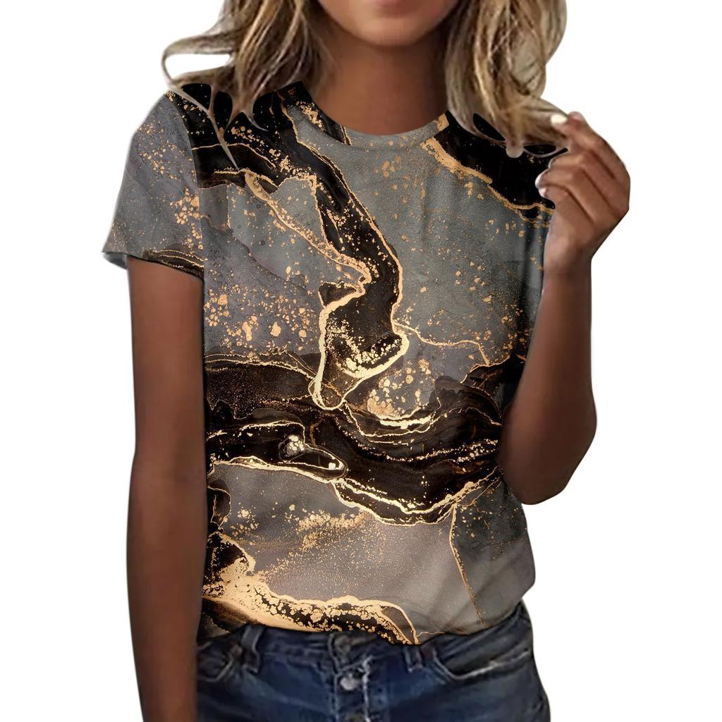 Cool color 3D digital printing series top new summer women's loose round neck short sleeved shirt EMA