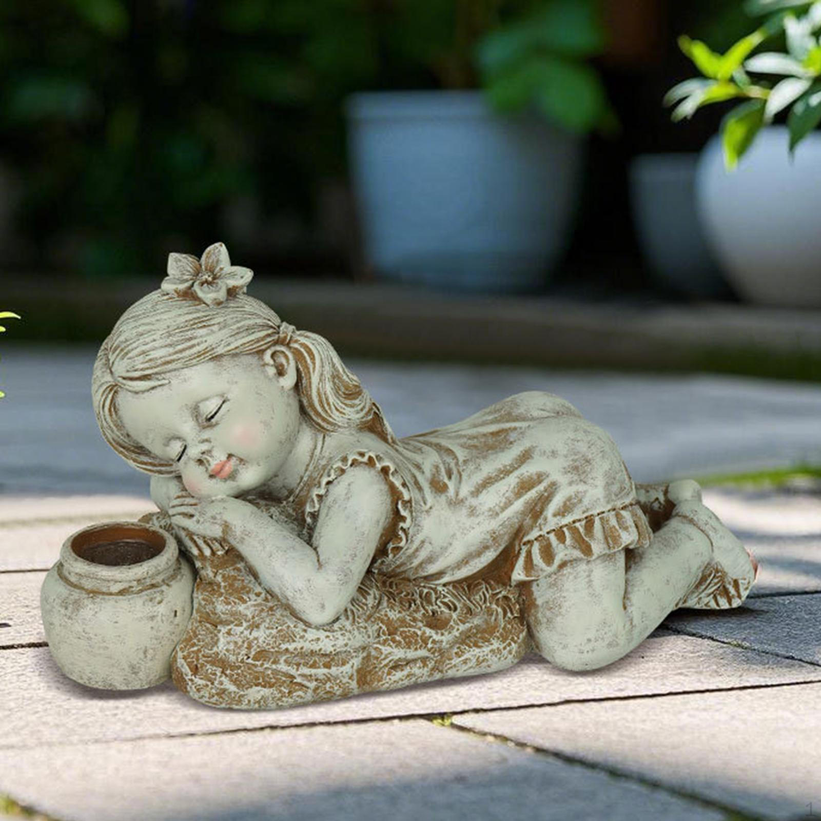 

Детская статуя Сад со светом Скульптура Наружное украшение для патио лужайки Lying down girl