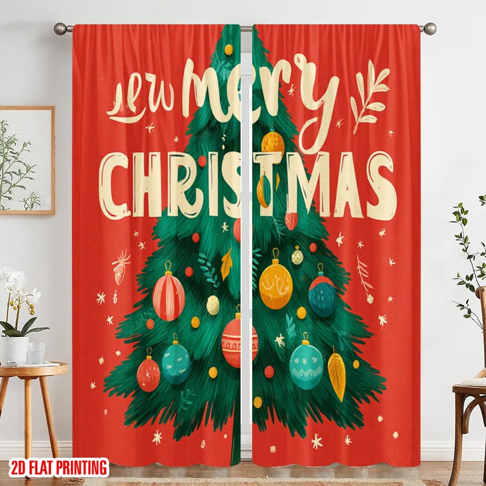 2pcs,2D Plane Printing Curtains Preety Christmas Tree Durable Polyester (without Rod) Holiday Perfect for Living Room & Office