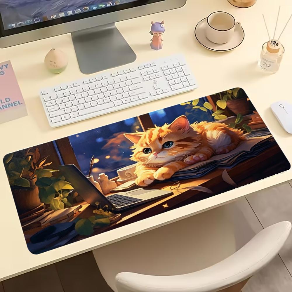 Cute Orange Kitten Extended Gaming Mouse Pad NonSlip Desk Surface Cozy Night Fluffy Cat Warm Glow Art Print For Gaming Setup