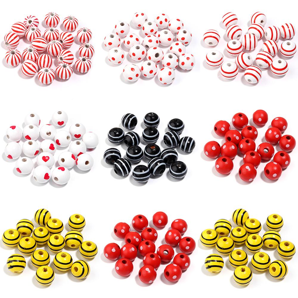 20Pcs 16mm Natural Wood Beads Colorful Stripe Heart Printing Large Hole Round Beads DIY Craft Bracelet Kid's Toy Accessories