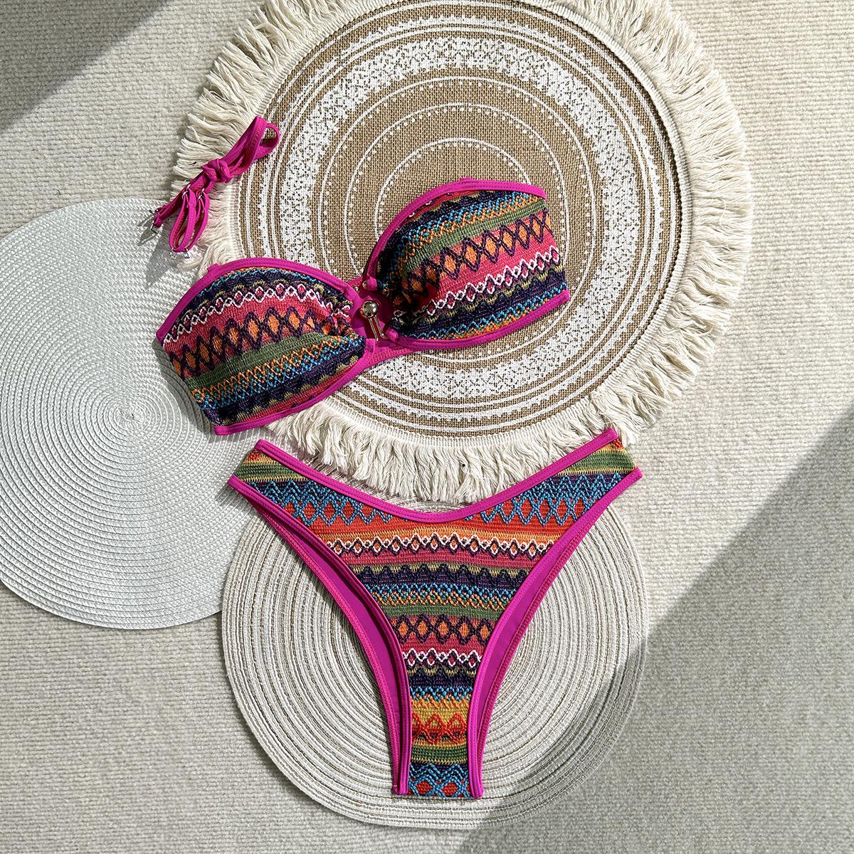 2026 European and American Swimsuit Women s Geometric Pattern Knotted Bikini European and American Woven Beach Bikini Swimsuit S