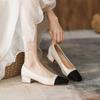 Fashion Leather Color Matching Thick Heel Single Shoes Womens 2025 Summer New Middle Heel Light Mouth Soft Sole Black High Hels Women
