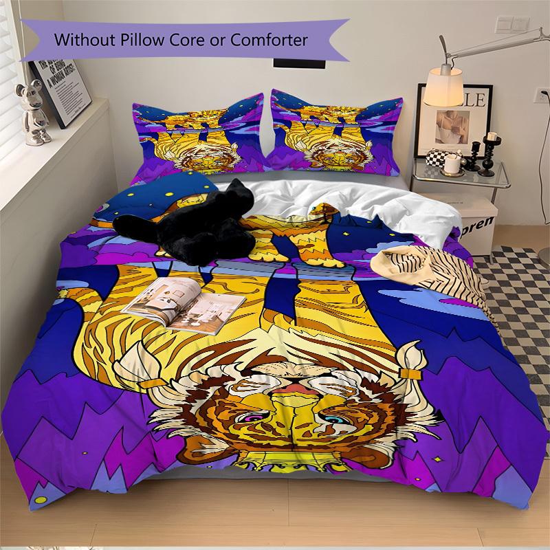 3pcs Tiger Cat Print Duvet Cover Set, 1 Duvet Cover + 2 Pillowcases (No Insert), High-Definition Print, Home & Dorm yy251123007