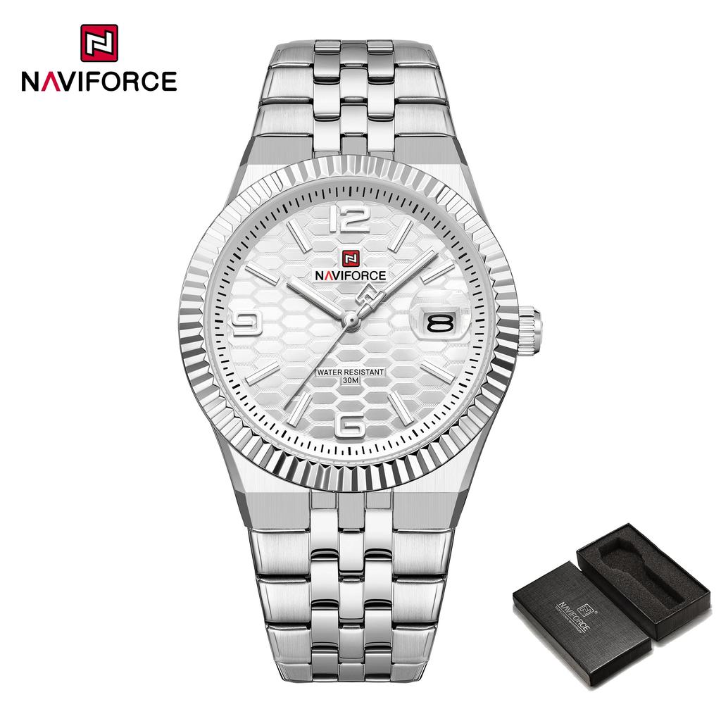 NAVIFORCE Original Men Quartz Watch Calendar Stainless Steel Strap Luminous Hands Honeycomb Dial Design Waterproof 3ATM Men Watch NF9277