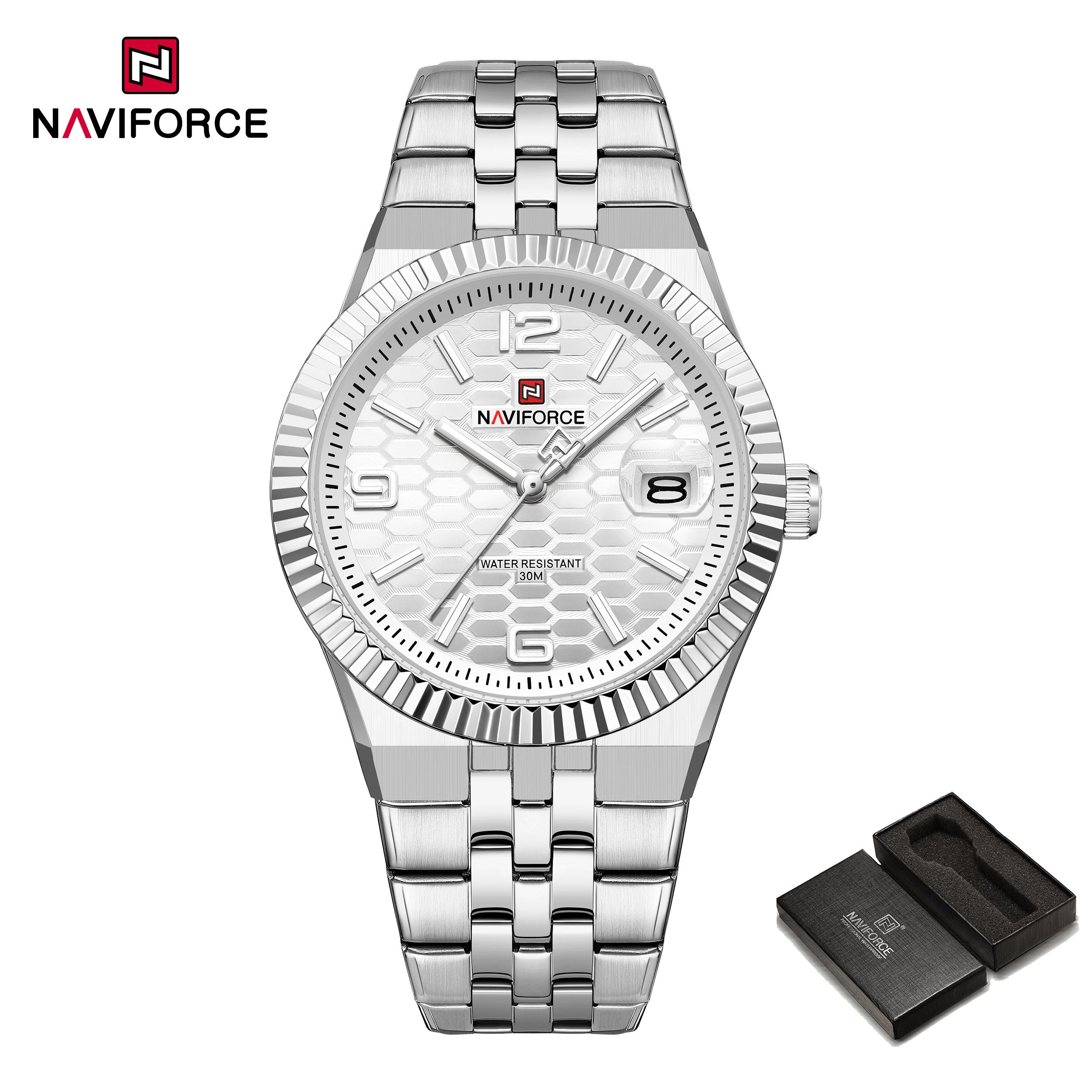 

NAVIFORCE Original Men Quartz Watch Calendar Stainless Steel Strap Luminous Hands Honeycomb Dial Design Waterproof 3ATM Men Watch NF9277 серебряный/белый