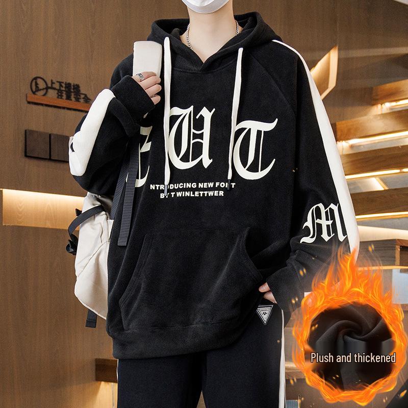 Men's 2025 Style Double-Sided Fleece Hoodie, Thickened Inner Layer, Solid Color, Trendy Winter Outerwear for Teens with Hood