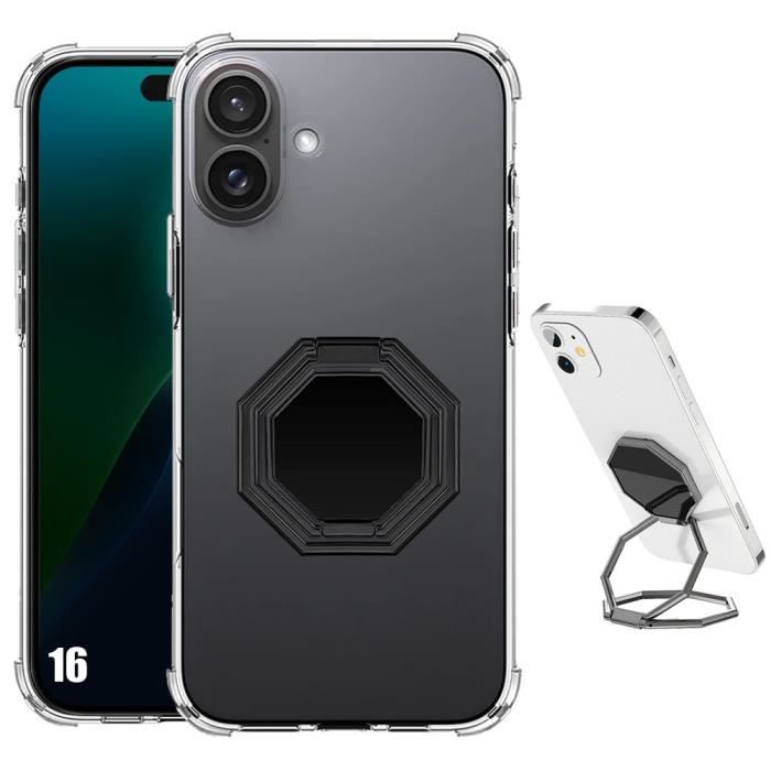 Coque pour iPhone 16 - Protection Silicone Transparent Antichoc avec Support Ajustable Octogonal