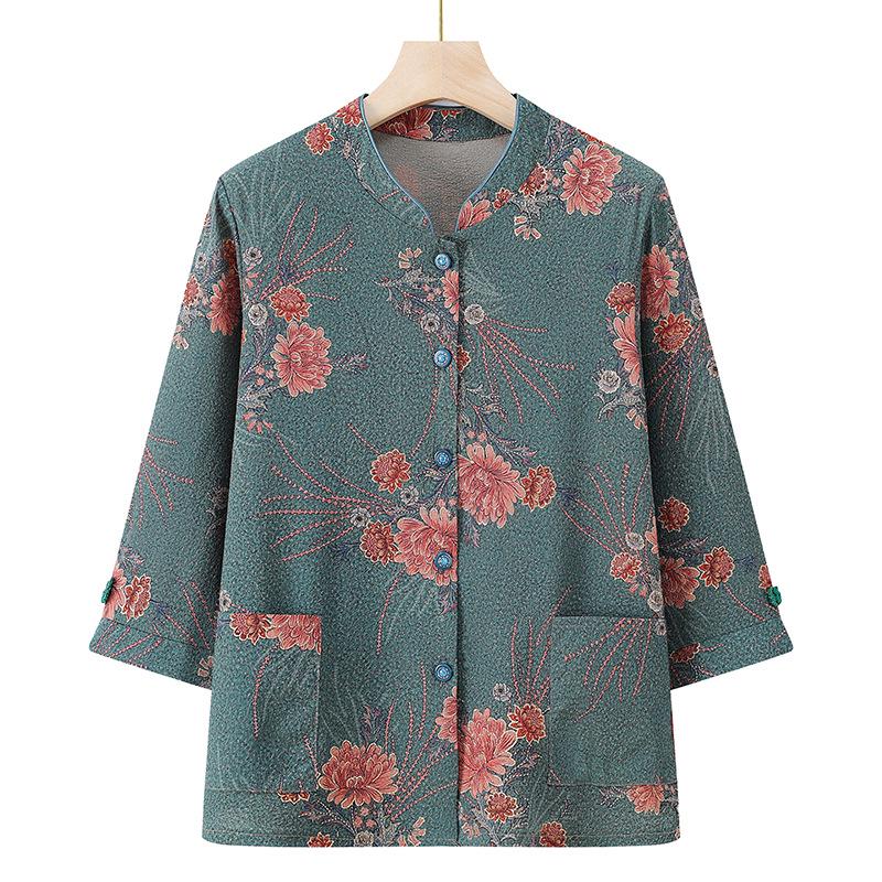 

Summer Shirts for Middle-Aged and Elderly Women: Printed Mid-Sleeve, Grandma s Three-Quarter Sleeve, and Mom s Collared Tops. XL (up to 100 lbs) зелёный