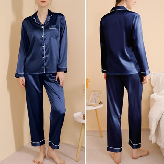 Yousheng 2 Pcs/Set Pajamas Suit Satin Single-breasted Cardigan Shirt V Neck Notch Collar Solid Color Shirt Wide Leg Loose Trousers Nighty Suit