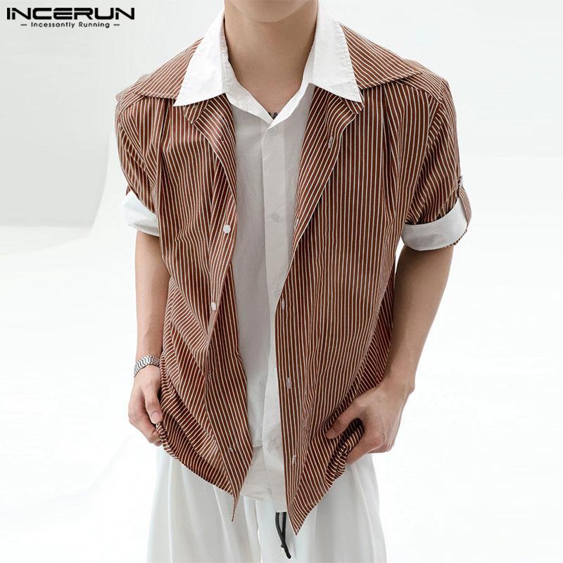 INCERUN Men Turn-down Collar Short Sleeve Patchwork Striped Casual Texture T-shirts