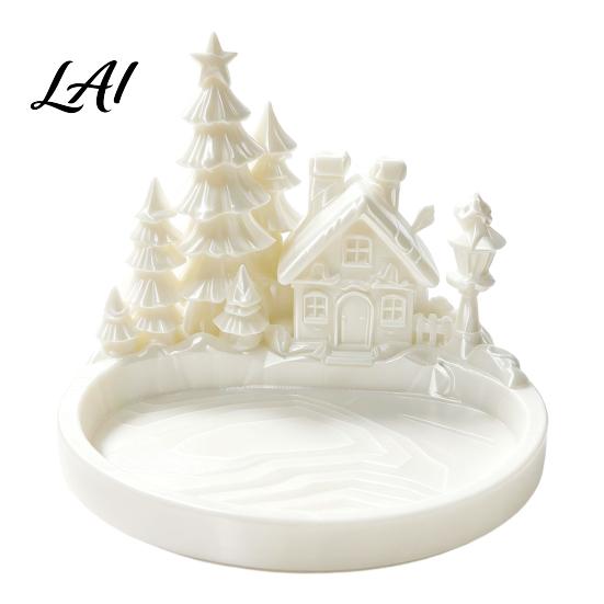 Christmas Theme Home Decor Winter Village Jewelry Tray 3D Printed Snow House Pine Tree Decorative Dish Matte White Trinket Bowl Mini Desktop