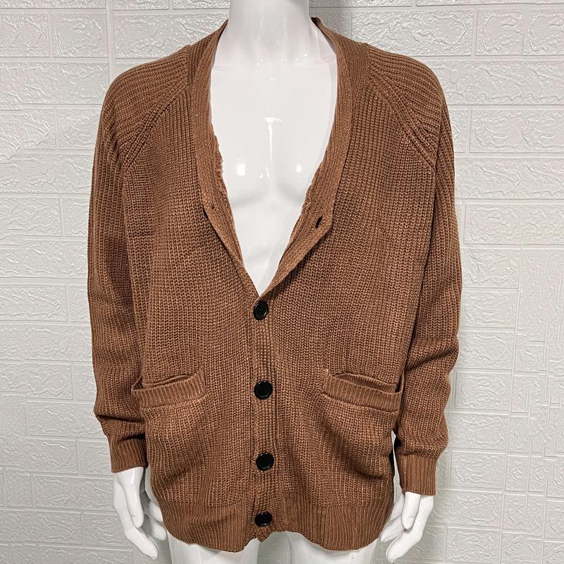 Men's Cardigan Sweater with Turn-down Collar and Long Sleeves