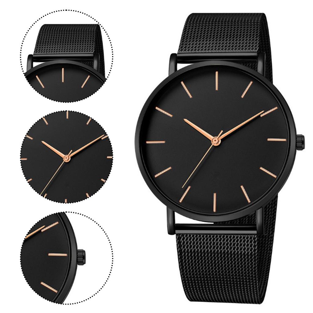 Trendy Minimalist Men’s Watch Modern Black Mesh Band Quartz Watch Chic Gold Accent Matte Black Face Slim Round Case Wristwatch