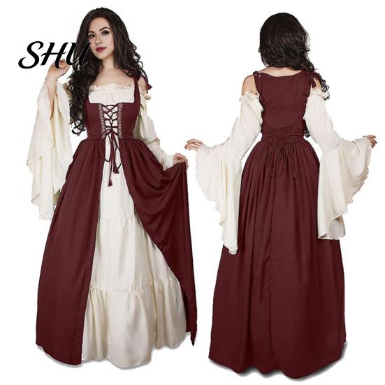 Maxikleid 1 Set Damen Raffung Rand Quadratischer Ausschnitt Enge Taille Fließende Ärmel Vintage Schnürung Patchwork Renaissance Mittelalter Hof Treu Halloween