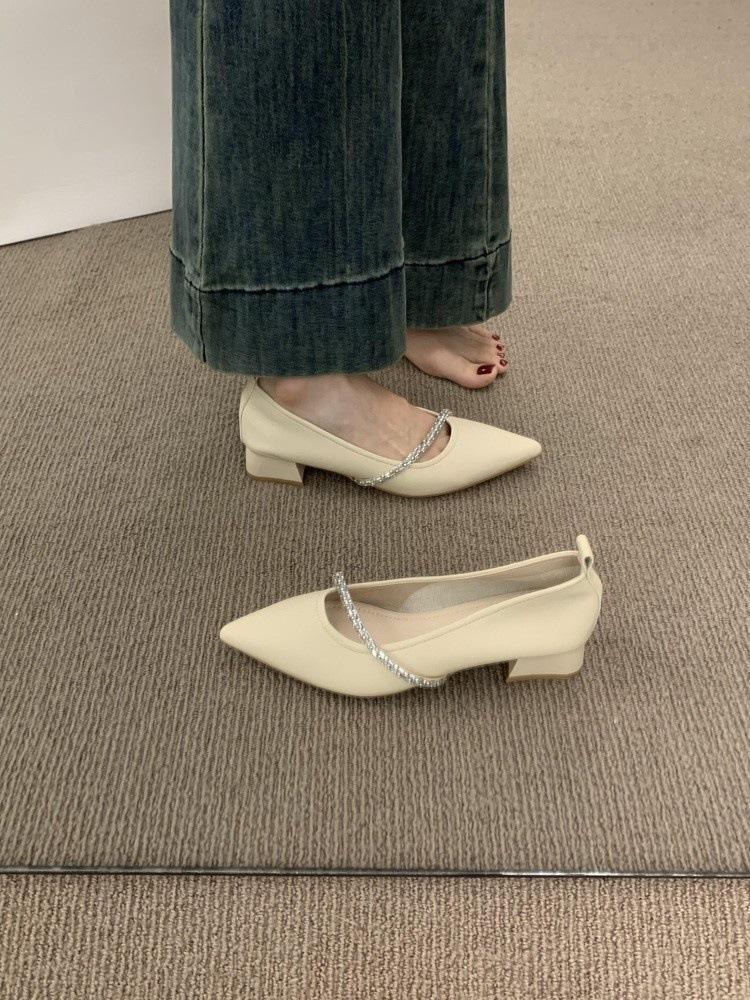 

French temperament fairy wind shallow mouth pointed single shoes women s shoes rhinestone word with versatile commuter thick heel grandma shoes 35