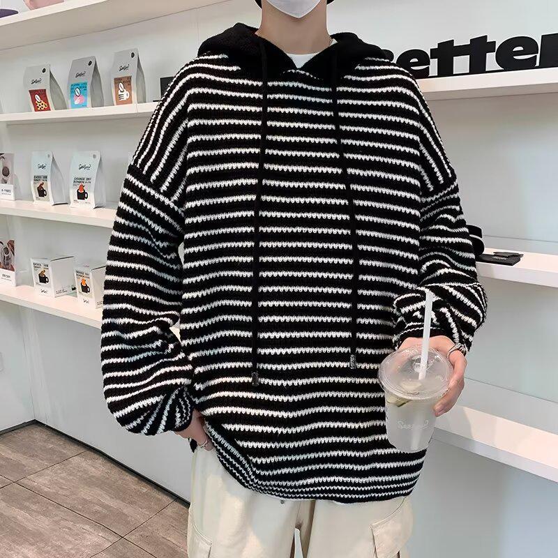 Unisex Striped Hooded Cardigan: Retro Streetwear, Autumn/Winter Cozy Casual Loose Knit for Teens