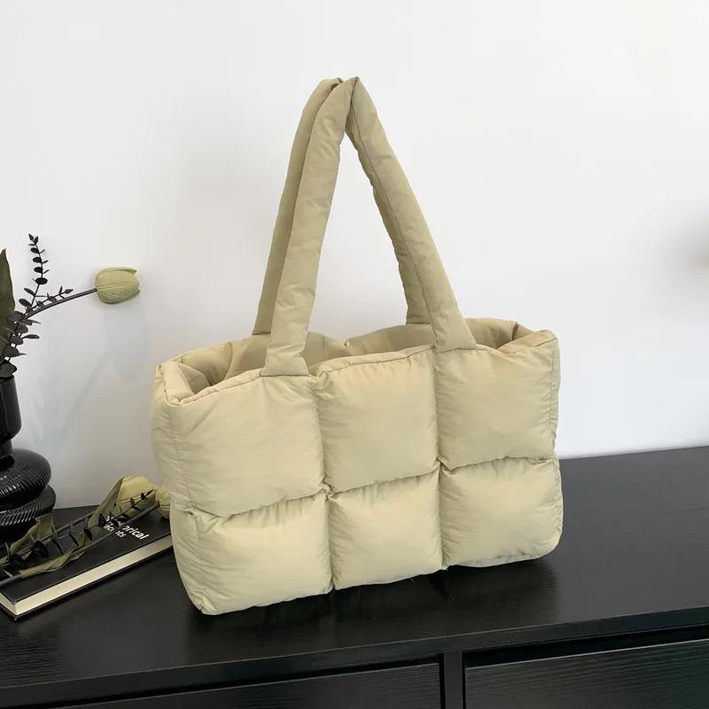 Quilted Plaid Bag Women Tote Handbags Retro Trendy Checkered Waterproof Shoulder Bag Solid Color Winter Soft Large Capacity Bags