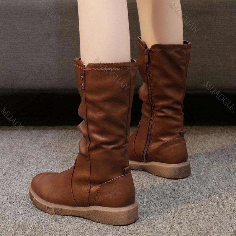 Modische Damen Herbst Winter Mittelhohe Stiefel Runde Spitze Reißverschluss Falten Dicke Sohle Kunstleder Lässige Damenschuhe Schwarz Braun Botas