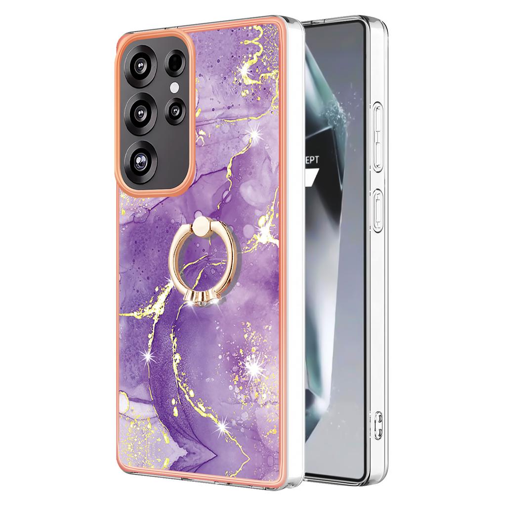 For Samsung Galaxy S25 Ultra Case with Ring Kickstand Marble Pattern Electroplating TPU Back Cover