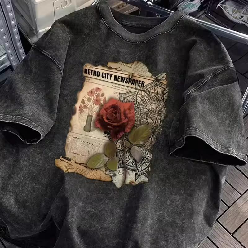 Vintage Washed T-shirt with Retro Rose Print Men Women Unisex Streetwear Fashion Casual Tees Casual Shirt Basic Round Neck Tops