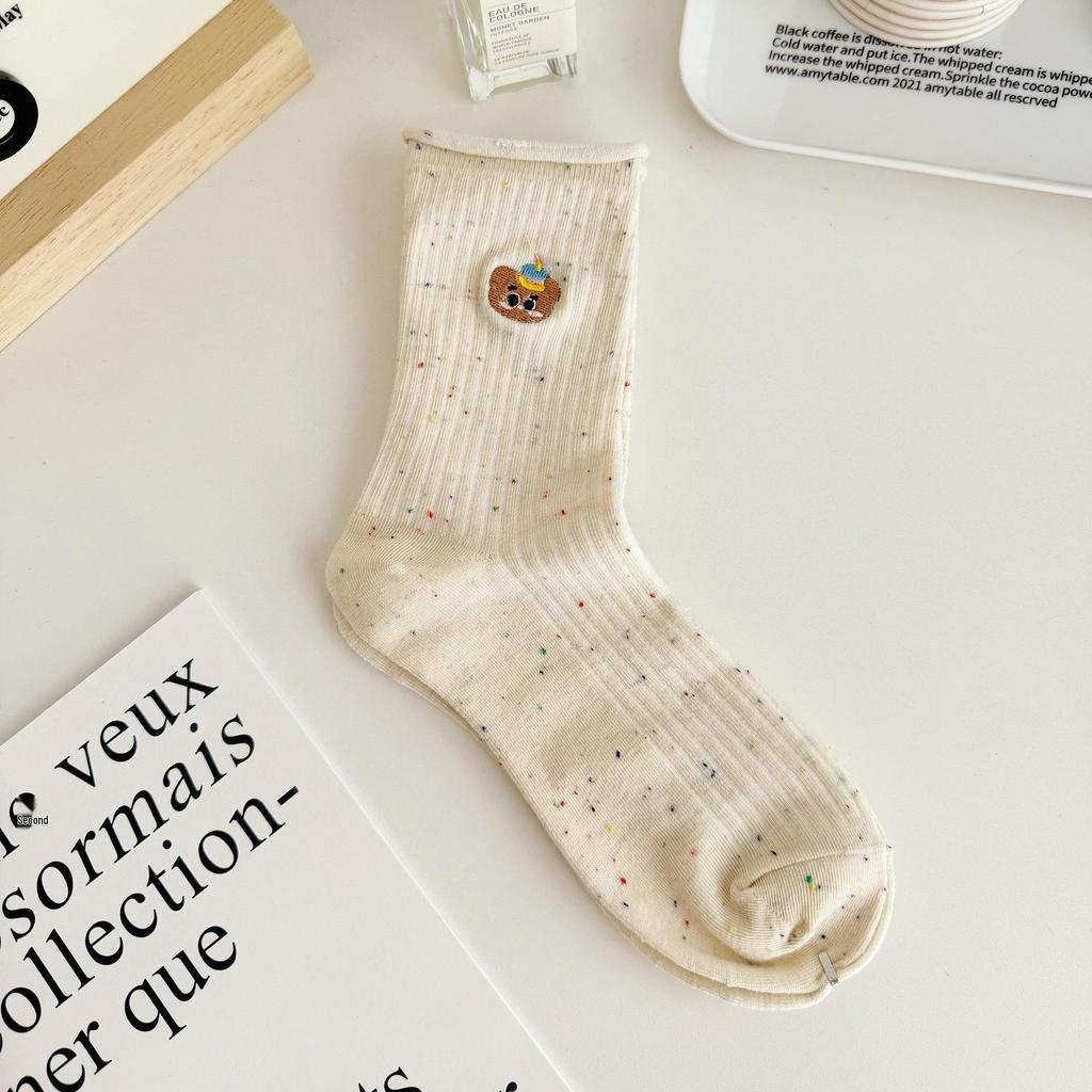 Women's Colorful Polka Dot Cartoon Embroidery Mid-Calf Gauze Socks - Korean Style Cute Rolled Edge