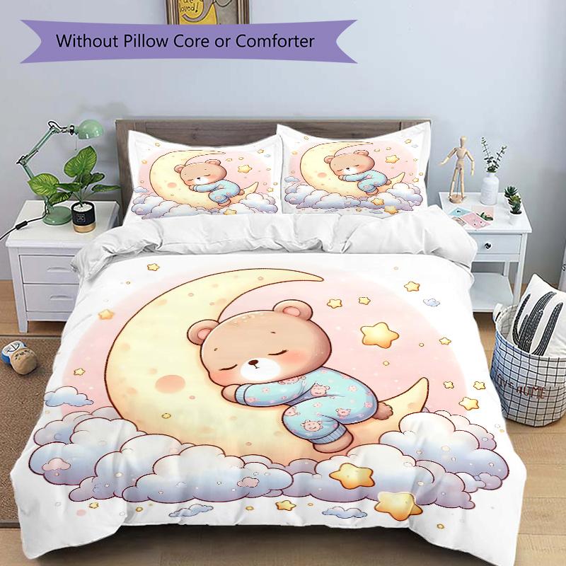 

3pcs Bear on the Moon Quilt Set - Soft and Comfortable Bedroom, Guest Room and Dorm Decor Bedding Set M012 135x200cm