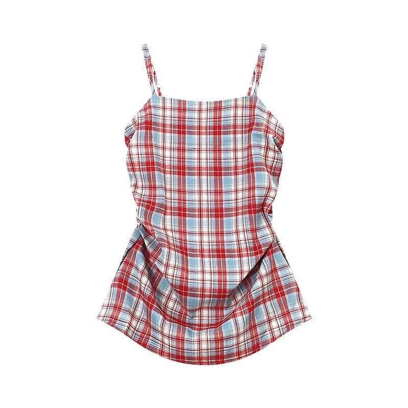 

French Retro Red Plaid Strapless Camisole for Women - Unique, Cinched Waist, Sleeveless Summer Top Small