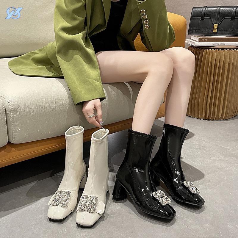 Square head short women's rhinestone thick heel high heels patent leather thin versatile small medium tube elastic