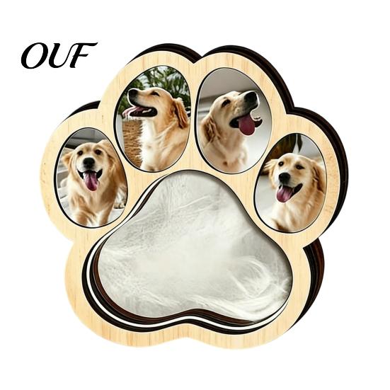 Memorial Frame with Hair Storage Wooden Paw?Shaped Pet Picture Frame, Keepsake Photo Fur Memory Shadow Box Compartment, Loss Remembrance Tabletop