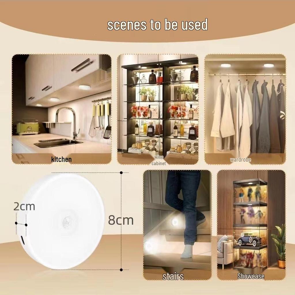 USB Rechargeable LED Motion Sensor Light for Kitchen, Wardrobe, Stairs, and Display; Three-Color Options with Magnetic Mount.