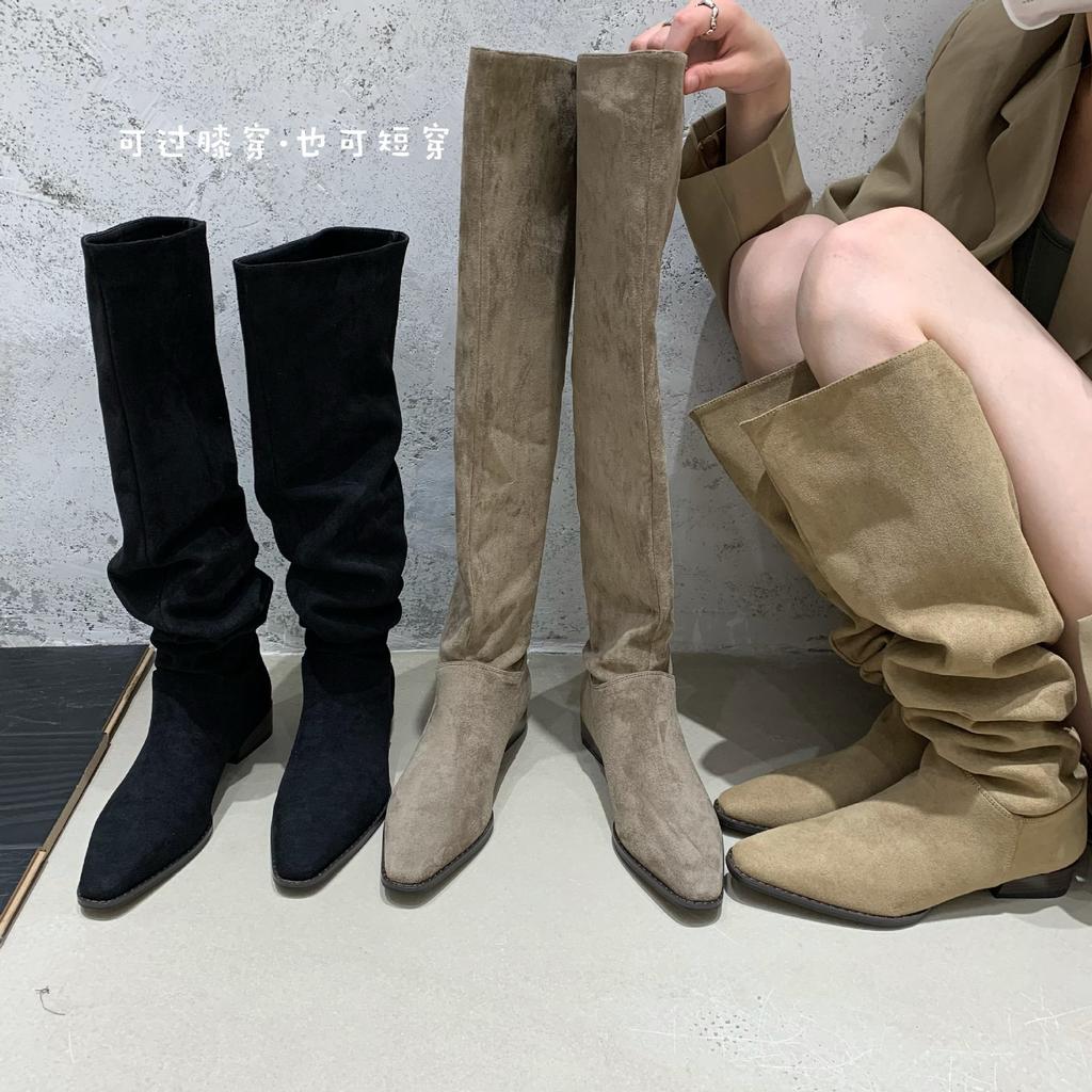 2025 New Autumn Fashion Suede Pointed Flat Bottom Thin Knight Women's Boots Two Knee Spice Girl Boots