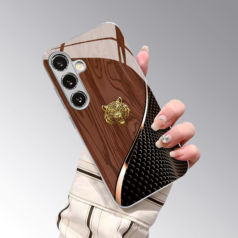 Wood Grain Gold Tiger Pattern 2D Phone Case for Samsung S26 S25 S24 S23 S22 S21 S20 A56 A36 A16 - Glass Protective Cover