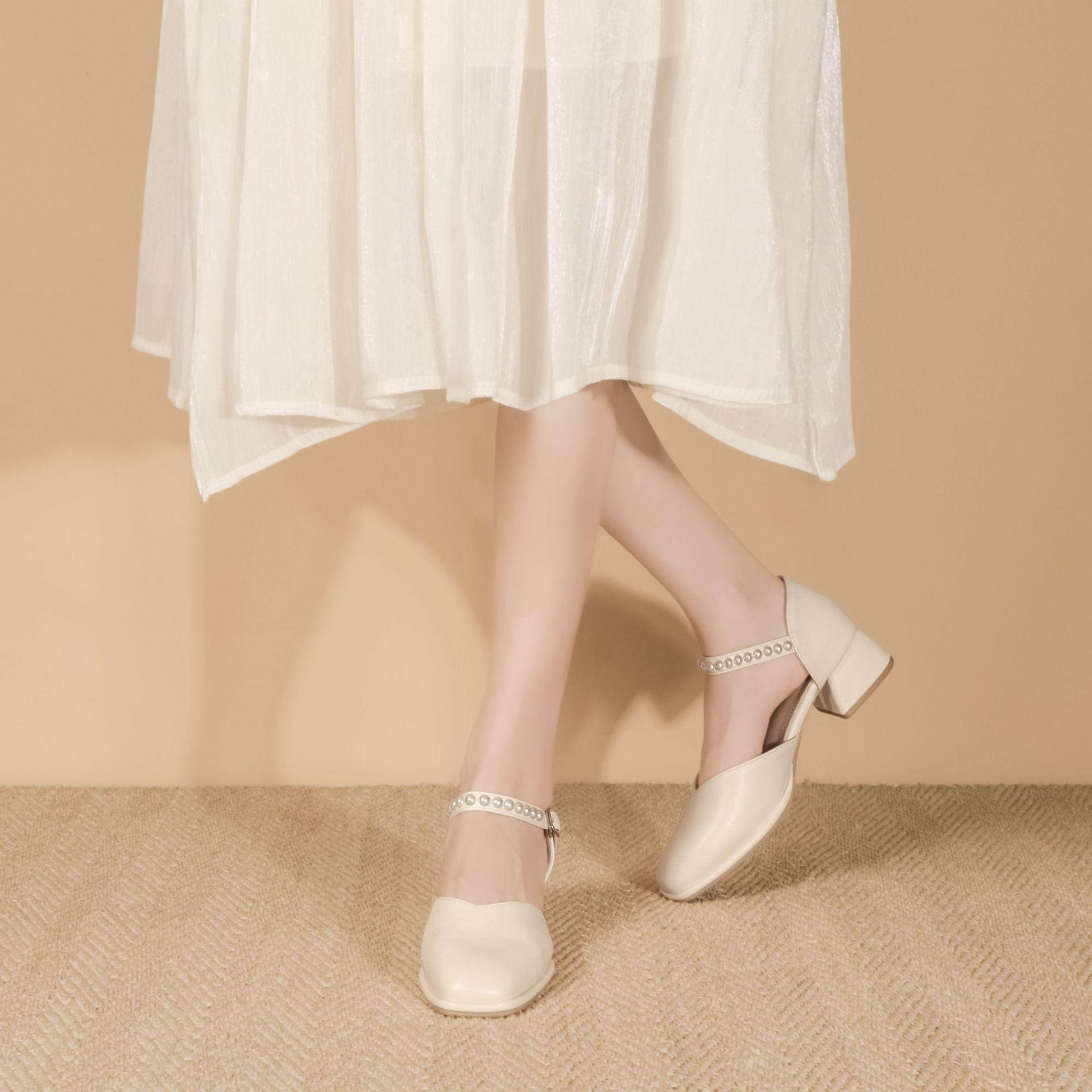 

Huizhou women s shoes soft sole not tired feet French pearl Mary Jane shoes women s head hollow sandals women s fashion single shoes 40 абрикосовый