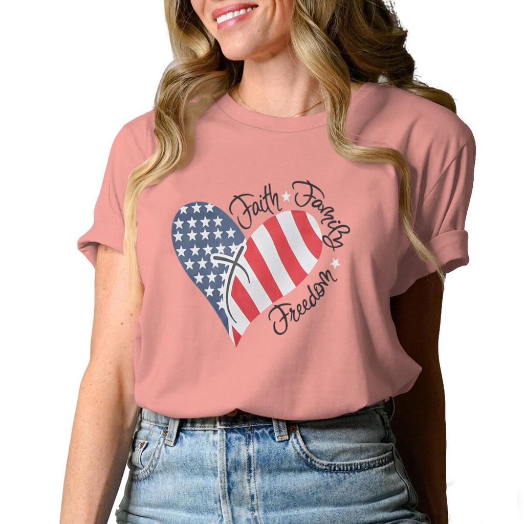 Womens Unisexs Faith Family Freedom T Shirts Fashion Vintage American Flag Heart Graphic Tee Casual Summer Short Sleeve Tops