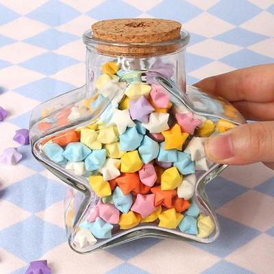 DIY DIY Stars Wishing Bottle Glass Bottle with Shiny String Lights Lucky Star Paper Folding Strips Decorative Rainbow Color